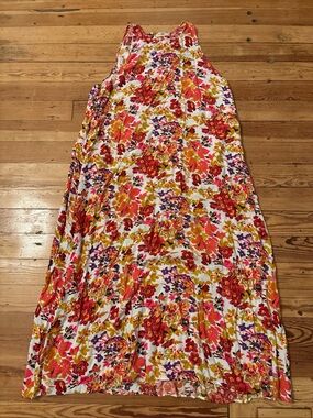 Natural Life Katie Floral Sleeveless Maxi Dress Pink Orange Boho Pockets L/XL